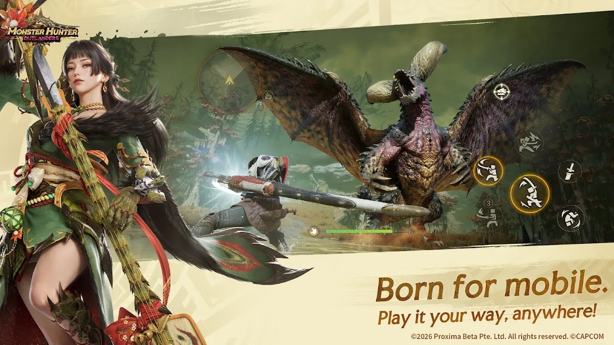 Screenshot gameplay Monster Hunter Outlanders memperlihatkan perburuan monster di dunia terbuka