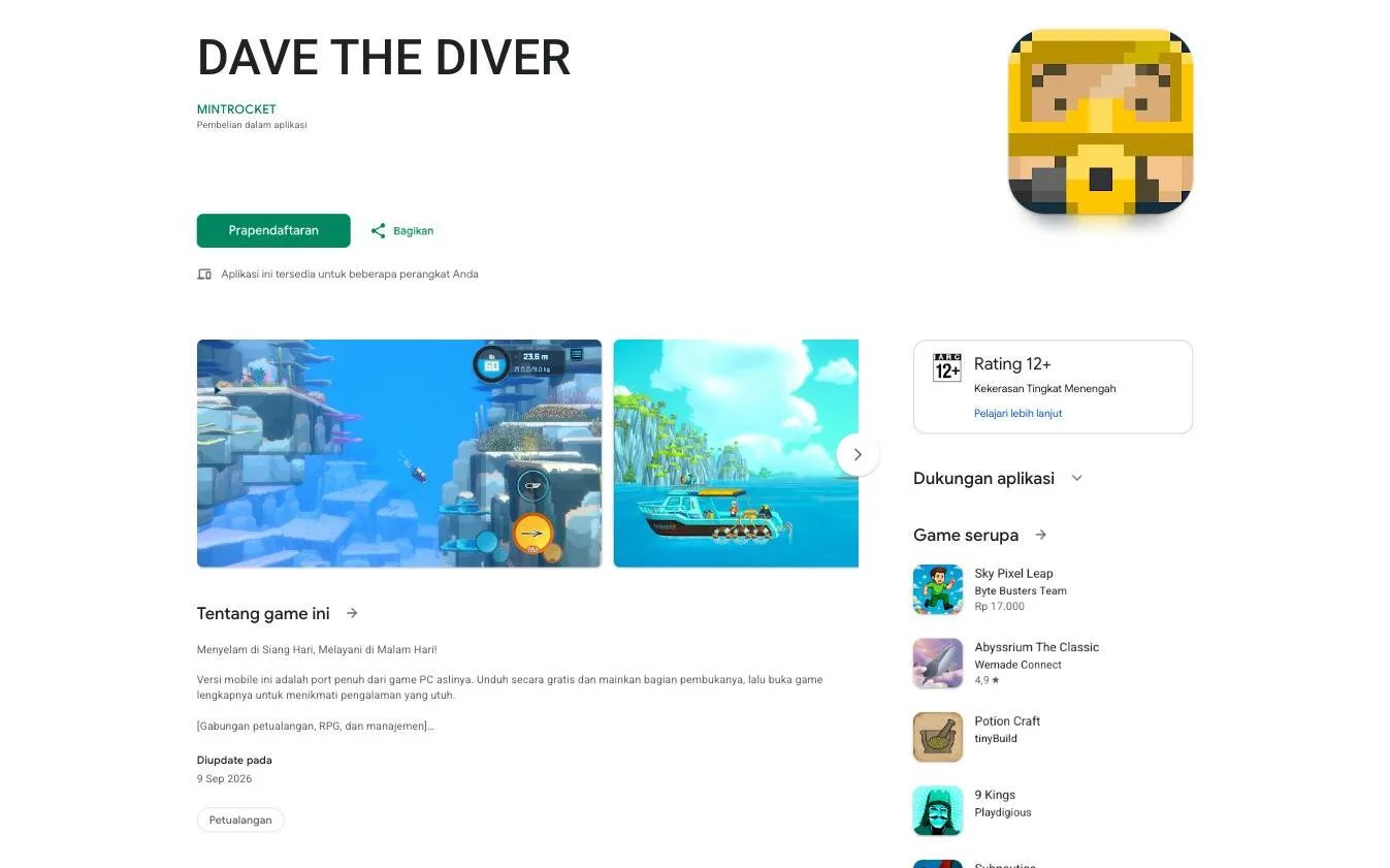 Screenshot halaman pre-registration Dave the Diver di Google Play