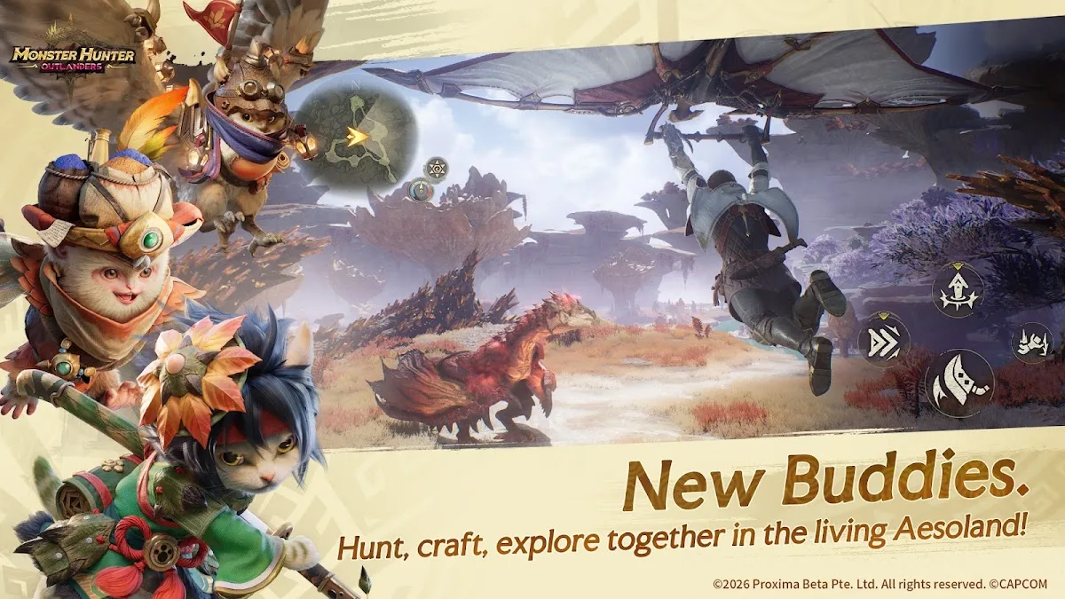 Screenshot eksplorasi Aesoland di Monster Hunter Outlanders dengan zipline dan gliding