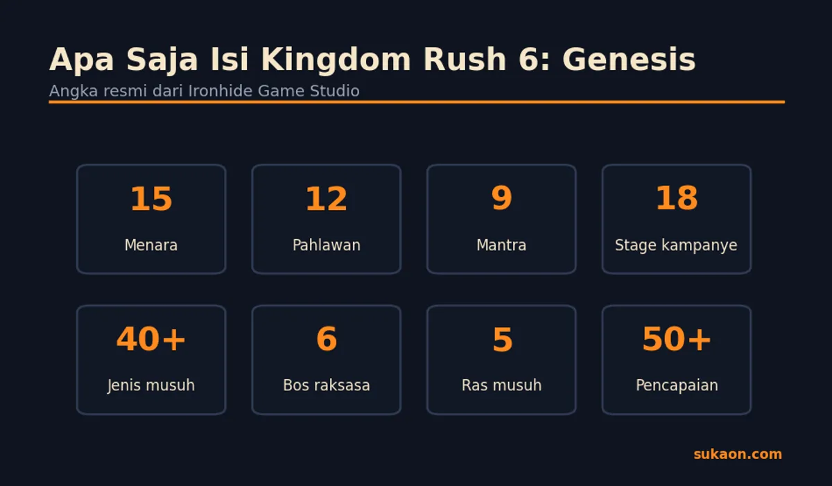 Ringkasan konten Kingdom Rush 6: Genesis: 15 menara, 12 pahlawan, 9 mantra, 18 stage