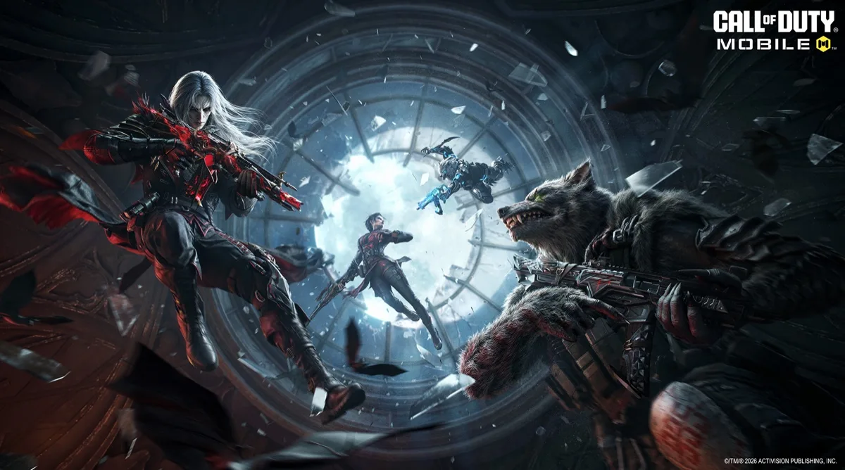 Key art resmi Call of Duty Mobile Season 9 Vampires vs Werewolves: vampir dan werewolf bertarung di udara di bawah jendela bundar
