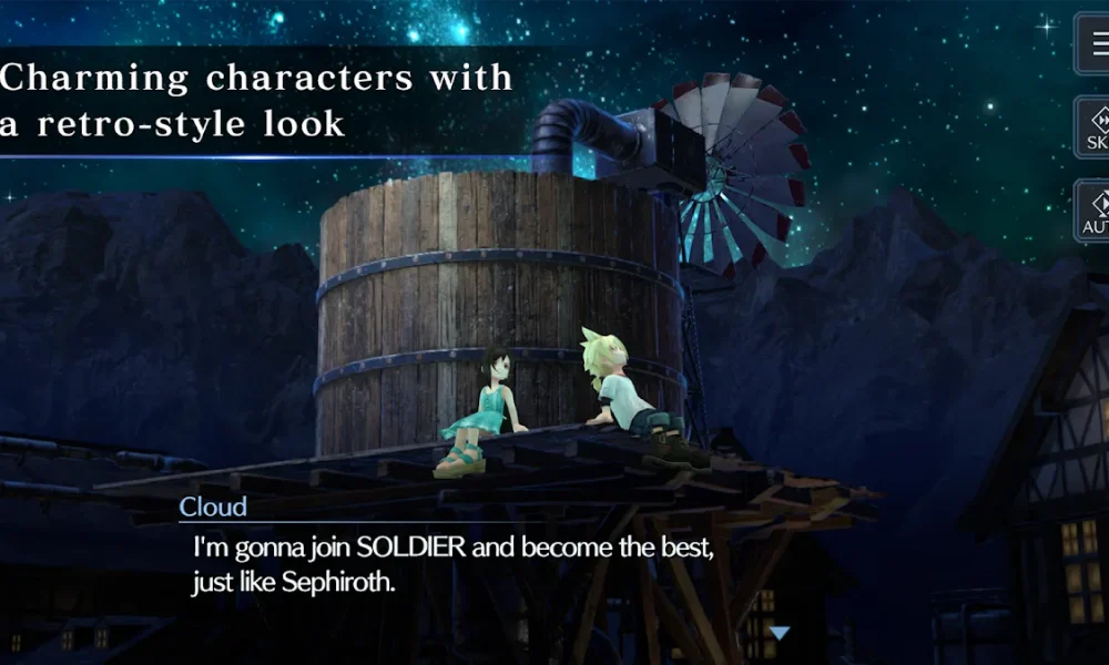 Key art resmi Final Fantasy VII Ever Crisis: Cloud dan Tifa duduk di atas menara air di bawah langit malam