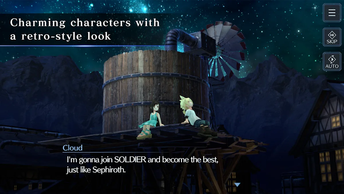 Key art resmi Final Fantasy VII Ever Crisis: Cloud dan Tifa duduk di atas menara air di bawah langit malam