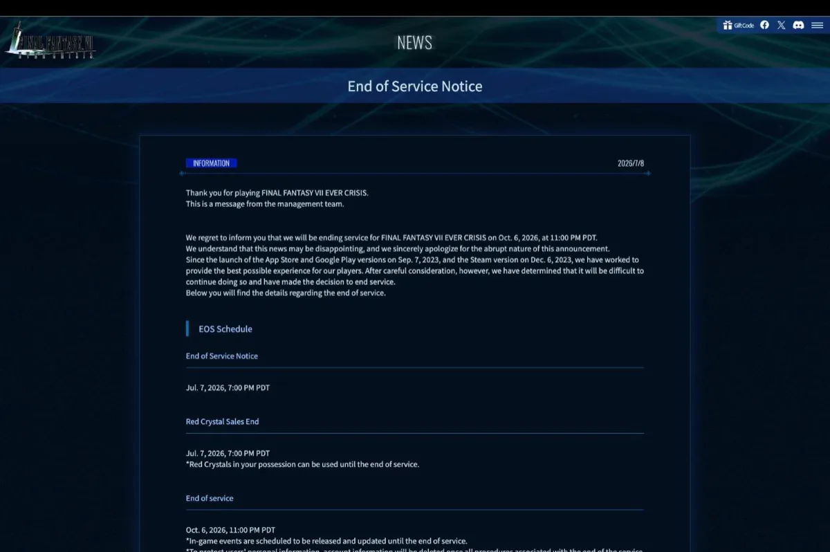 Pengumuman End of Service resmi di situs Final Fantasy VII Ever Crisis