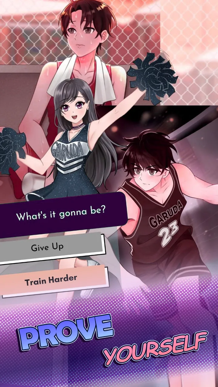 Screenshot resmi HaremKing Kode Keras Cowok 3 dengan pilihan Give Up atau Train Harder di lapangan basket