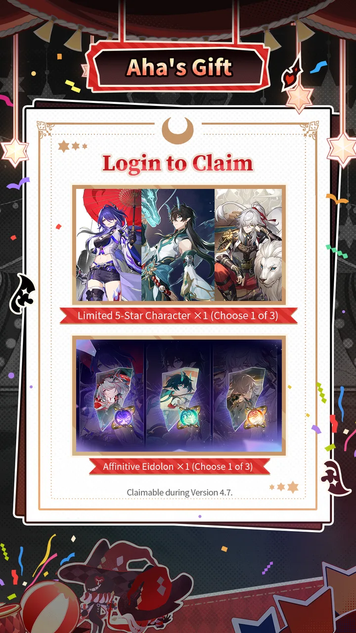 Kartu resmi Aha's Gift berisi pilihan karakter bintang 5 limited Acheron, Dan Heng Imbibitor Lunae, dan Jing Yuan