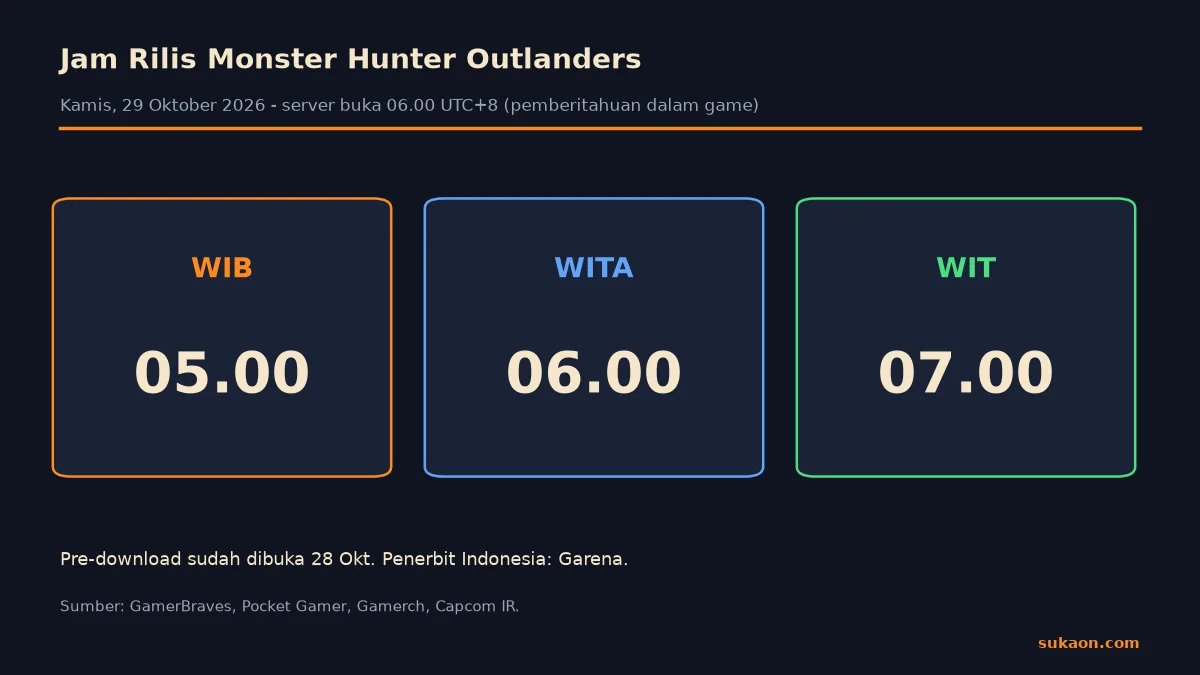Infografik jam rilis Monster Hunter Outlanders per zona waktu Indonesia