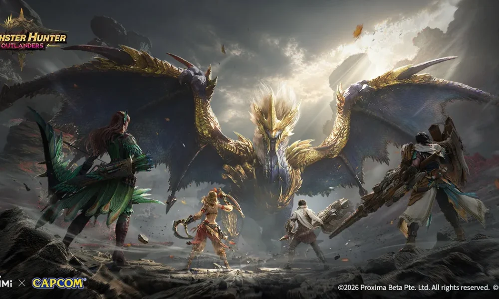 Key art resmi Monster Hunter Outlanders: Adventurer menghadapi Ruger Aidal di dunia Aesoland
