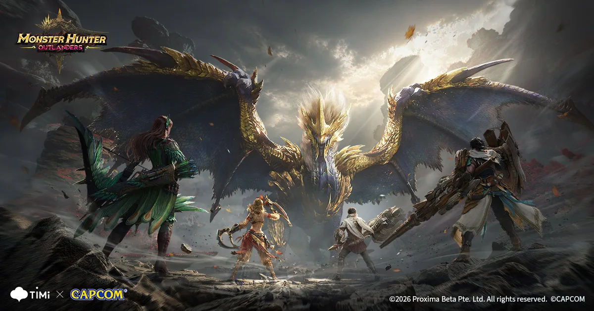 Key art resmi Monster Hunter Outlanders: Adventurer menghadapi Ruger Aidal di dunia Aesoland
