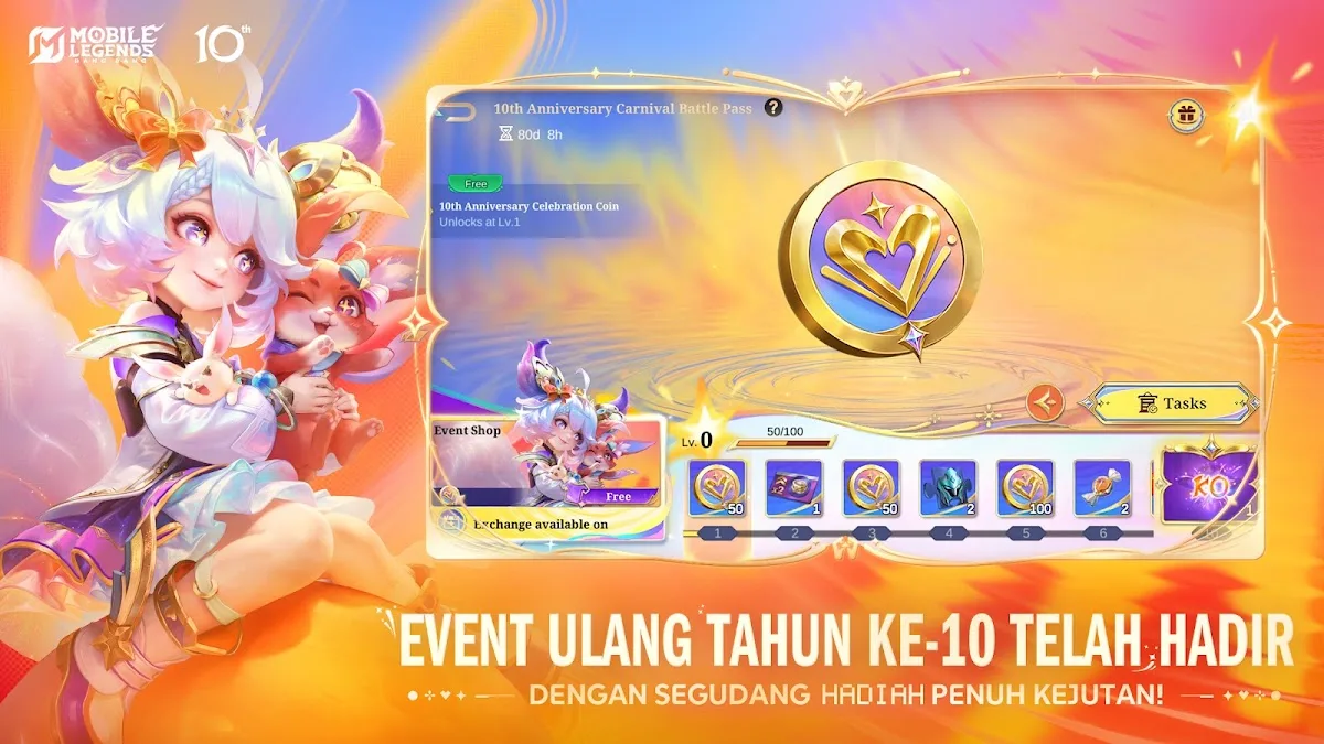 Tampilan event Celebration Battle Pass ulang tahun ke-10 Mobile Legends dengan hadiah Celebration Coin