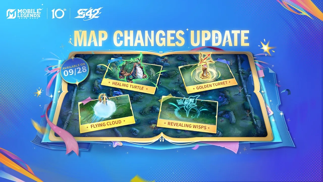 Materi resmi Moonton "Map Changes Update" untuk Season 42 Starward Decade: Healing Turtle, Golden Turret, Flying Cloud, dan Revealing Wisps, aktif 28 September