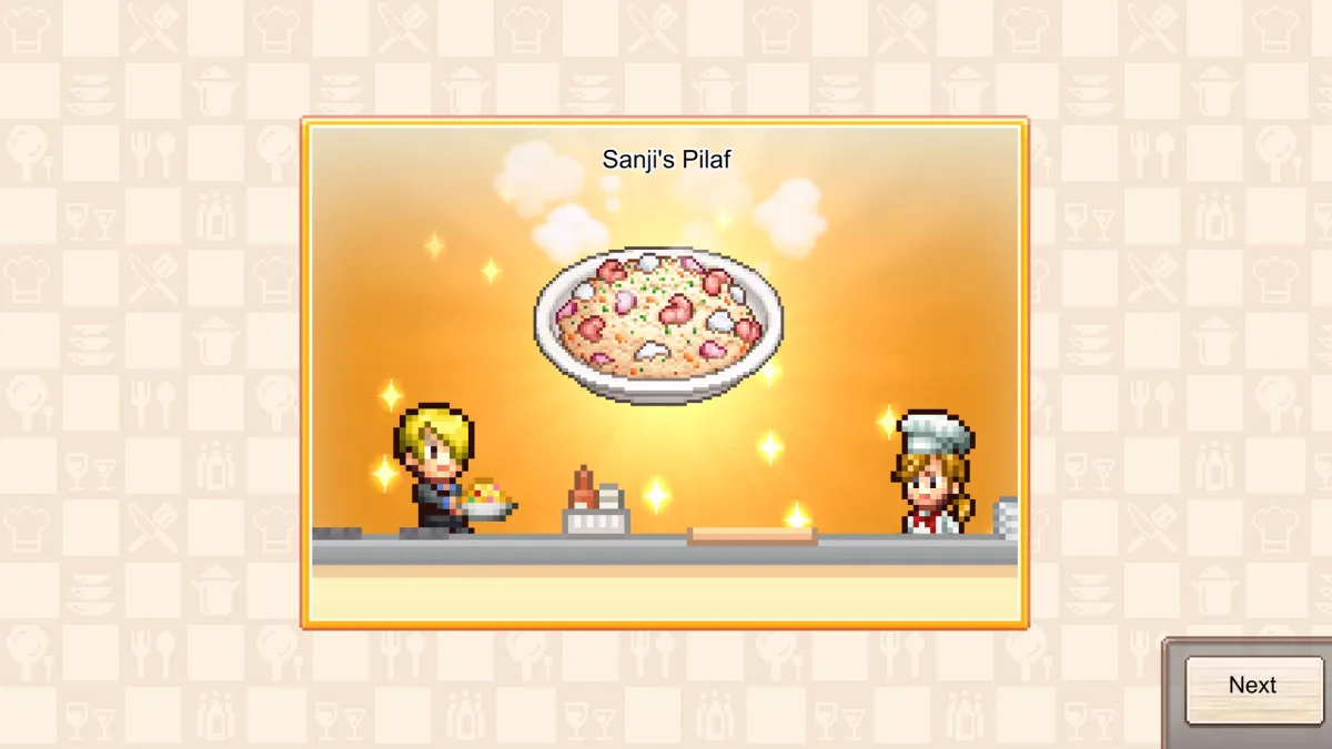 Cuplikan gameplay resmi ONE PIECE: Grand Gourmet, Sanji menyajikan hidangan pilaf bergaya pixel art