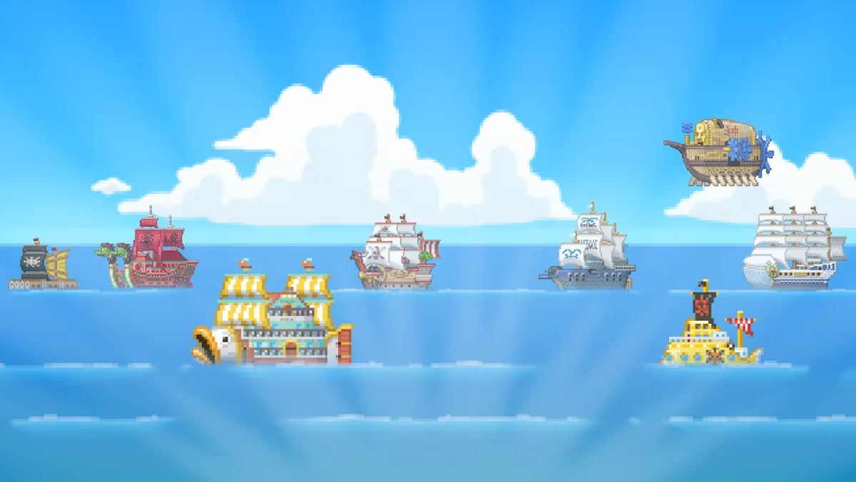 Key art resmi ONE PIECE: Grand Gourmet, restoran terapung Baratie Number Two bergaya pixel art