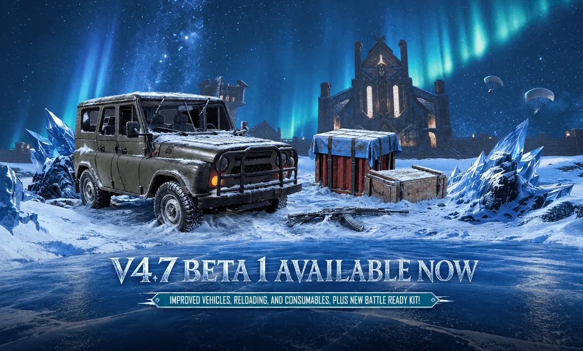 Banner resmi PUBG Mobile 4.7 Beta 1: perbaikan kendaraan, reload, consumable, dan Battle Ready Kit