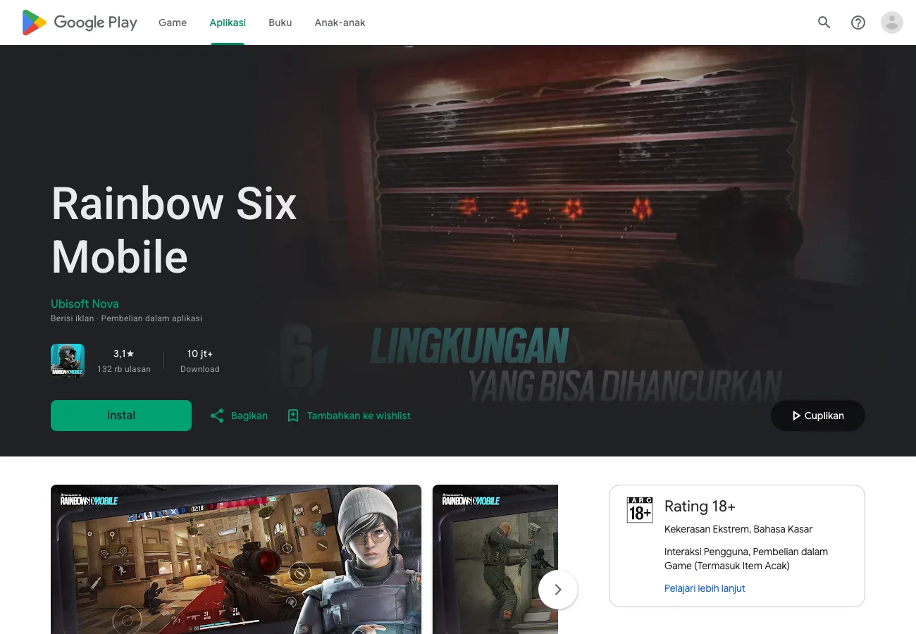 Tangkapan layar listing resmi Rainbow Six Mobile di Google Play Indonesia dengan rating 18+ dan 10 juta+ unduhan