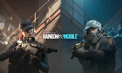 Key art resmi Rainbow Six Mobile: dua operator bersenjata di tangga baja, satu bertopi dan satu berhelm taktis