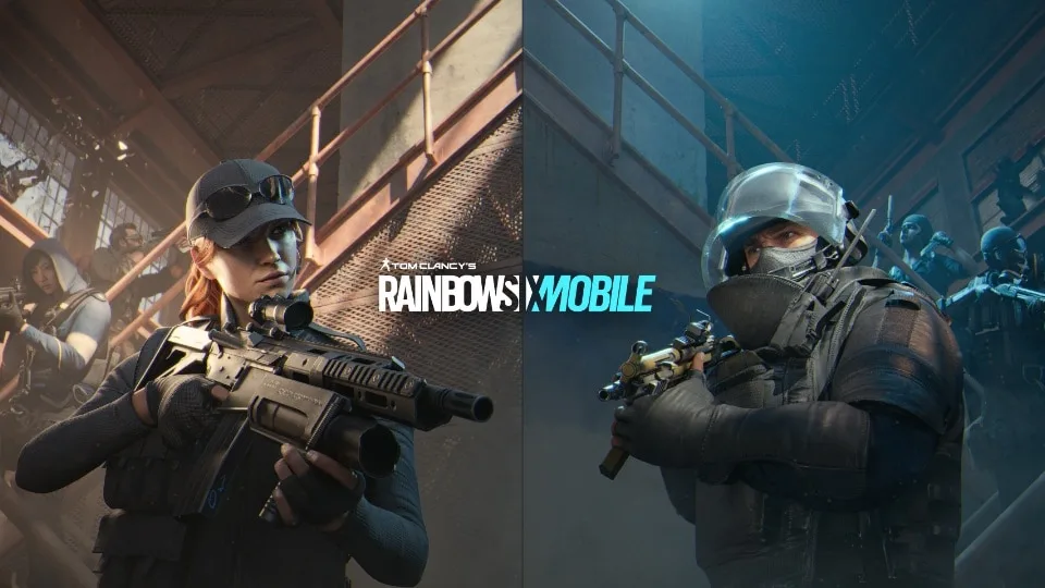 Key art resmi Rainbow Six Mobile: dua operator bersenjata di tangga baja, satu bertopi dan satu berhelm taktis
