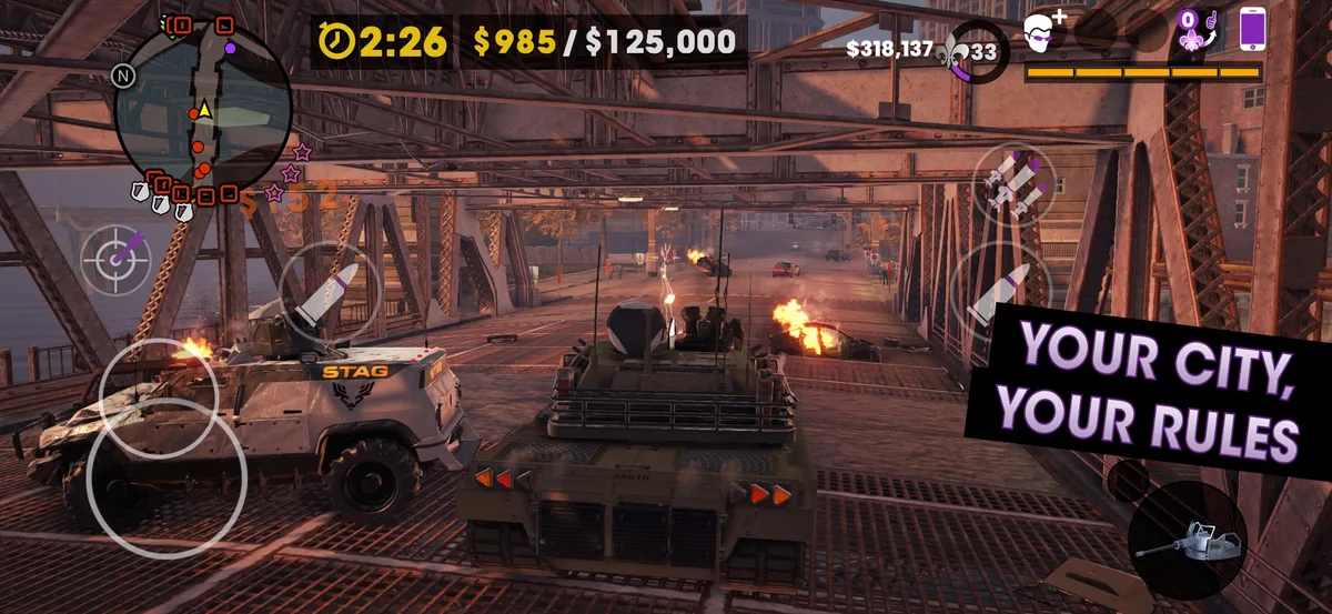 Tangkapan layar resmi Saints Row: The Third mobile dengan tombol sentuh di layar